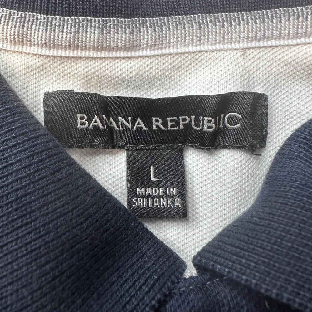 Banana Republic Polo Shirt Mens Large Grey Striped ST Eng Ox Piqu Elephant Logo